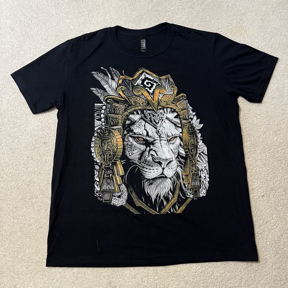 Aztec Lion Graphic XL Shirt Tribal Warrior Gold Glitter Black Metallic Ink Glow